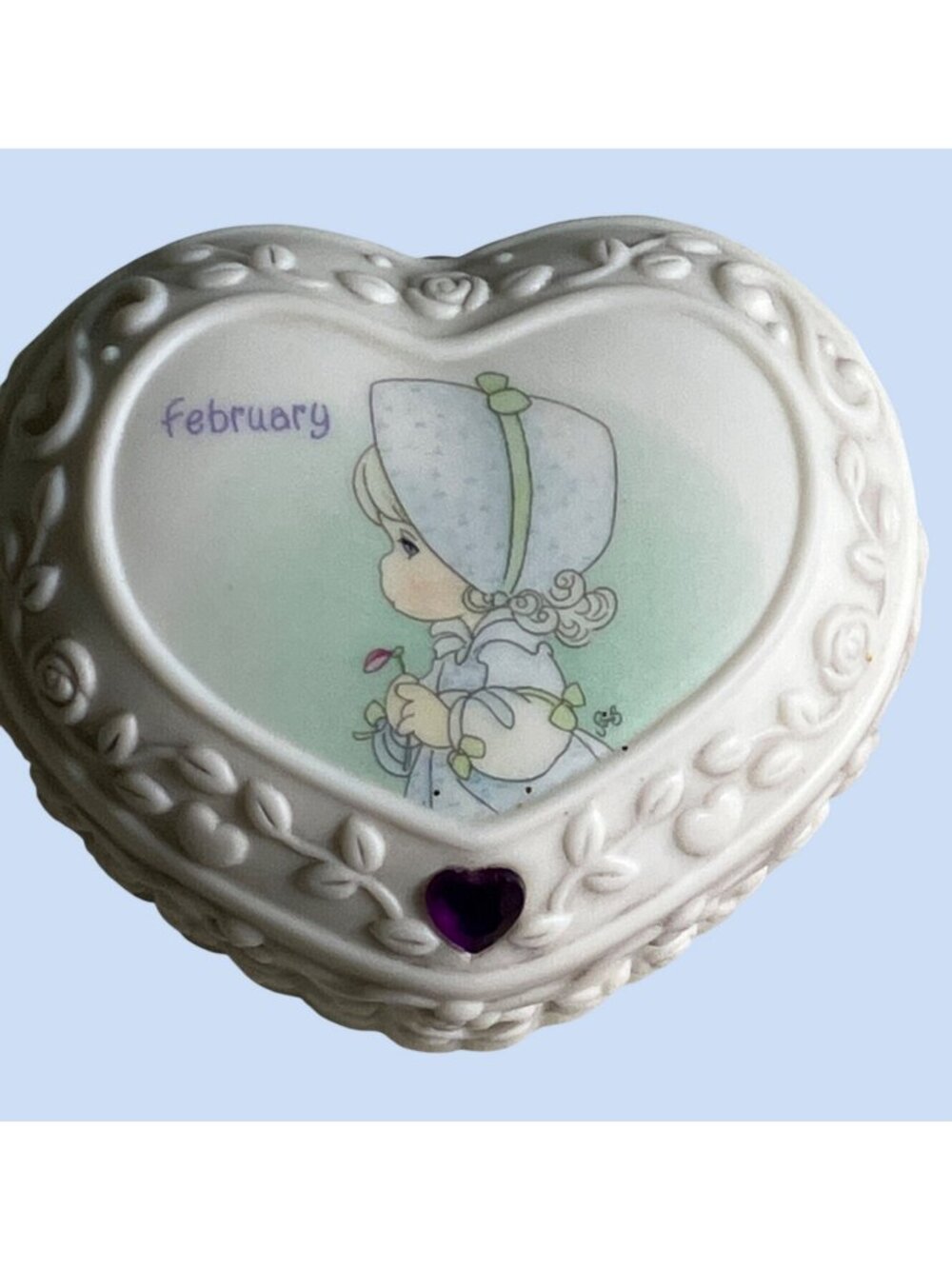 Heart Shaped February Amethyst Trinket Box Precious Moments Design 2001